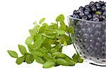 Blueberries in a glass bowl on white background