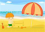 digital illustration about a cute little boy building sand catles on the beach