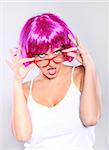 A picture of a young woman in purple hair and red glasses over white background