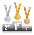 Podium with gold, silver and bronze medals isolated over a white background