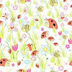 funny seamless pattern of ladybirds and bees in the grass on a white background