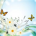 Summer background with butterflies and flowers. Vector illustration. Vector art in Adobe illustrator EPS format, compressed in a zip file. The different graphics are all on separate layers so they can easily be moved or edited individually. The document can be scaled to any size without loss of quality.