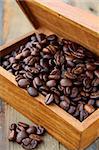 flavored coffee beans in a wooden brown box