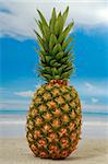 Pineapple on an exotic beach with blue and cloudy sky