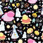 seamless pattern of the fun of monsters and skulls on a black background