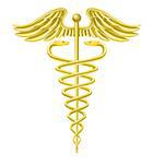 An illustration of a gold caduceus medical doctor's symbol