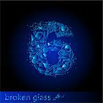 One symbol of broken glass  - digit six. Illustration on black background