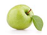 Green apple fruits with leaf isolated on white background