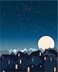 an illustration of rooftops with lighted windows under a dark starry sky and a big harvest moon