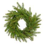 Christmas wreath made of spruce fir pine with no decorations isolated over white background.