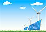 illustration of panels with solar cells and wind generators on a green field with blue sky, eps8 vector