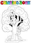Coloring book with kids and tree - vector illustration.