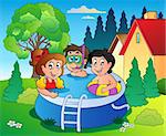 Garden with pool and cartoon kids - vector illustration.