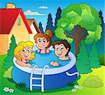 Garden with three kids in pool - vector illustration.