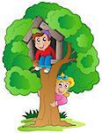 Tree with two cartoon kids - vector illustration.