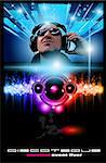 Disco Music Flyer with Disk Jockey Shape and Rainbow lights. Ready for Poster of night event.