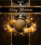 Elegant Merry Christmas and Happy New Year background with vintage seamless wallpaper and glossy baubles.