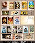 Collection of Vintage Postage Stamps with Various Themes and prices. Empty  distressed postcards and rubber stamps are included