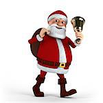 Cartoon Santa Claus with bell and sack on white background - high quality 3d illustration