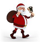 Cartoon Santa Claus with bell and sack on white background - high quality 3d illustration