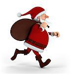 Cartoon Santa Claus running with sack on white background - high quality 3d illustration
