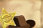 gold vector sheriff star and hat on brown background