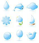 Collection of glossy blue nature icons with drop shadow