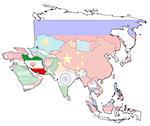 old political map of asia with flag of iran