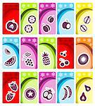 Fruit and vegetables icons on floral banners background collection