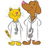 An image of a cat and dog dressed as pet doctors.