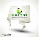 Green Real Estate abstract origami paper stand ofr advertising of available bio houses or eco buildings for sale. Shadow is transparent.