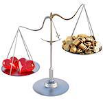 two loving hearts outweigh the pile of gold coins on the scale. isolated on white.