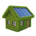 House from the grass with solar panels on the roof. isolated on white.