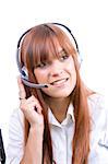 Cheerful young phone operator over white background