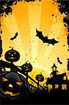 Grungy Halloween background with pumpkins  bats house and full moon