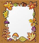 Vector frame with autumnal nature symbols on wooden background, with space for your text.
