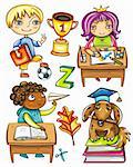 Group of cute, little schoolchildren. Isolated on white background. Blond boy standing with book and soccer ball,  cute Hispanic girl sitting at the desk and drawing,  African boy  playing paper plane,  very smart dog sitting on books, wearing graduation hat.