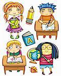 Group of cute, little schoolchildren. Isolated on white background. Ginger girl standing with book.  Funny boy sitting  at the desk,  playing game.  Blond boy at the desk writing love letter.  Cute  Asian girl with globe