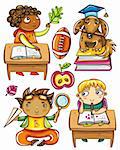 Group of cute, little schoolchildren. Isolated on white background. African boy, sitting at the desk, studying leaf. Very smart dog sitting on books, wearing graduation hat. Funny Hispanic boy  studying movement of the paper plane. Blond boy sitting at the desk, writing love letter.