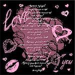 The valentine's day. Love heart. Hand-drawn icons, symbols.  Background letter pink