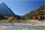 Lit de la rivière et les montagnes en automne, Rissbach, Hinterriss, Karwendel, Tyrol, Autriche