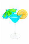 Blue cocktail with lemon and umbrella.  Macro shot on white background