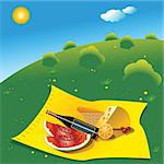 picnic scene with yellow blanket, cheese, vine, bread and watermelons