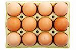 A dozen eggs in a carton container over a white background