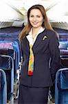 air hostess in the empty jet airliner cabin