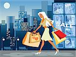Vector illustration of girl with shopping bags on the sales