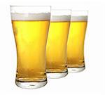 Three glases of beer against white background