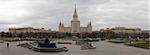 Panorama of Moscow State University in Moscow. Autumn scene.  You can see Chemical department, Main building and Physical department. In front of photographer there is a monument of M. V. Lomonosov.