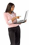 isolated woman with laptop - pointing screen