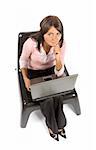 isolated woman sitting; working computer